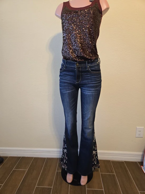 DRIFTWOOD Dark Blue Flare Jeans with Embroidered Panels - Picture 1 of 5